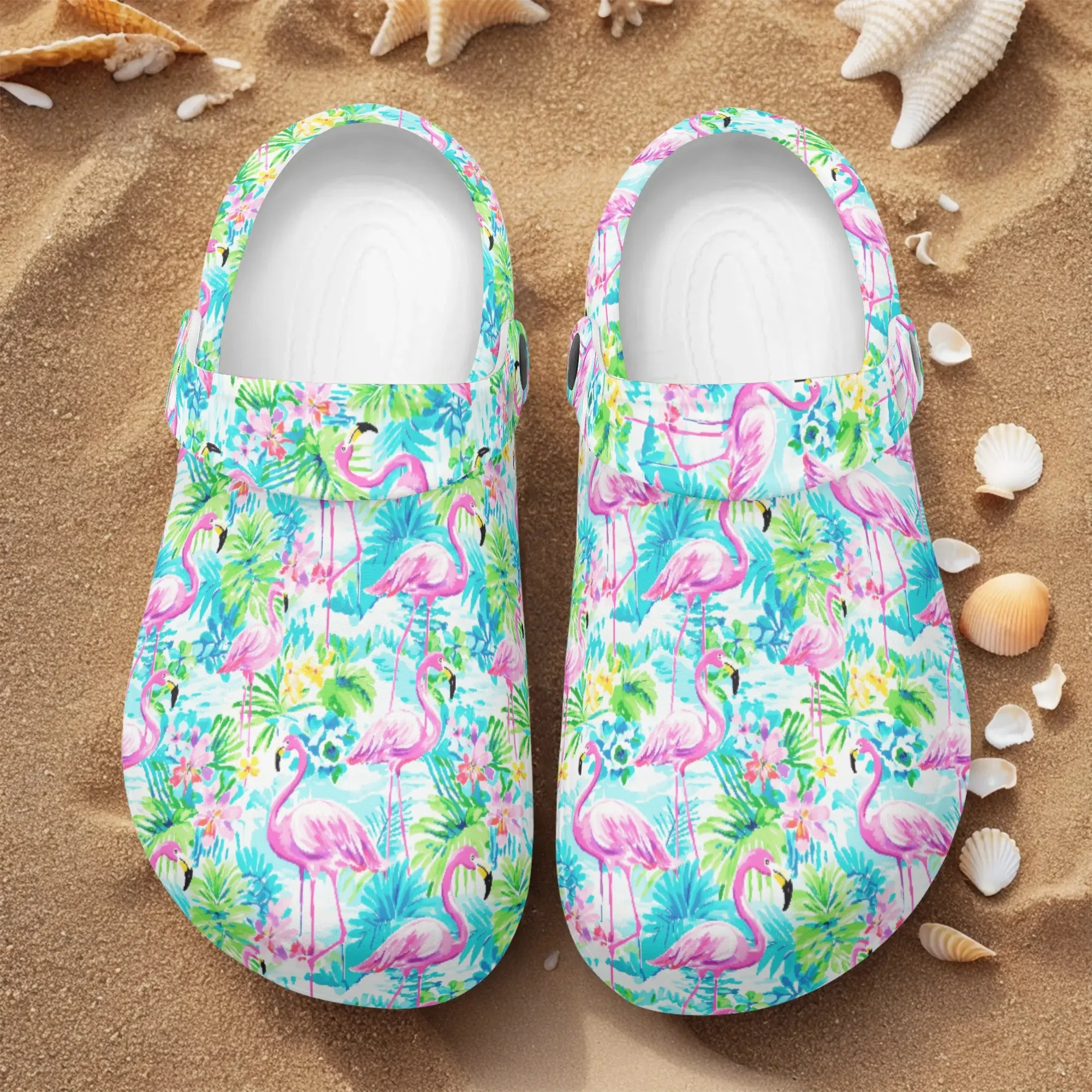Tropical Flamingo Haven: Surrounded by Flowers and Palm Trees Casual Lightweight Slip On Nurse Style Clogs