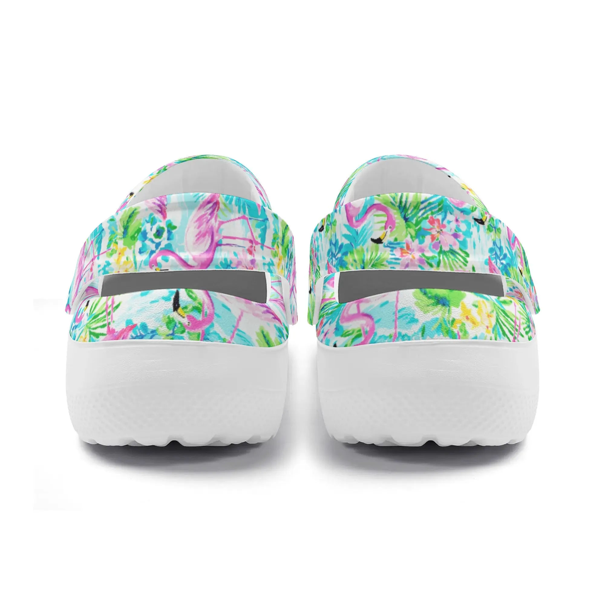 Tropical Flamingo Haven: Surrounded by Flowers and Palm Trees Casual Lightweight Slip On Nurse Style Clogs