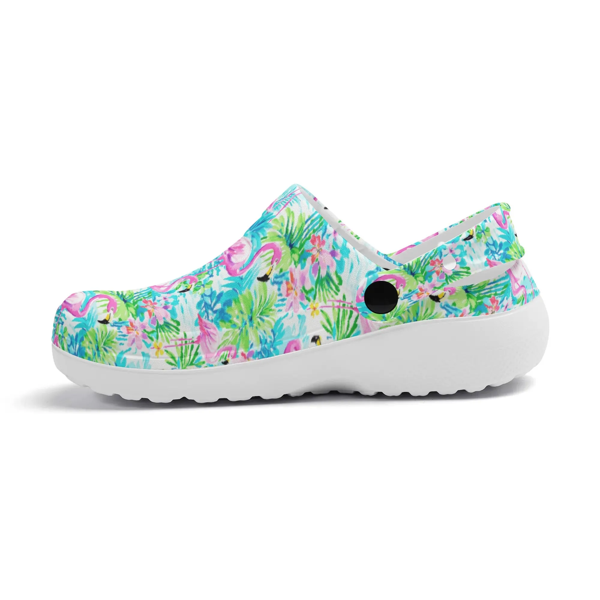Tropical Flamingo Haven: Surrounded by Flowers and Palm Trees Casual Lightweight Slip On Nurse Style Clogs