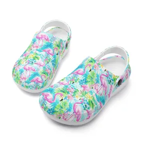 Tropical Flamingo Haven: Surrounded by Flowers and Palm Trees Casual Lightweight Slip On Nurse Style Clogs