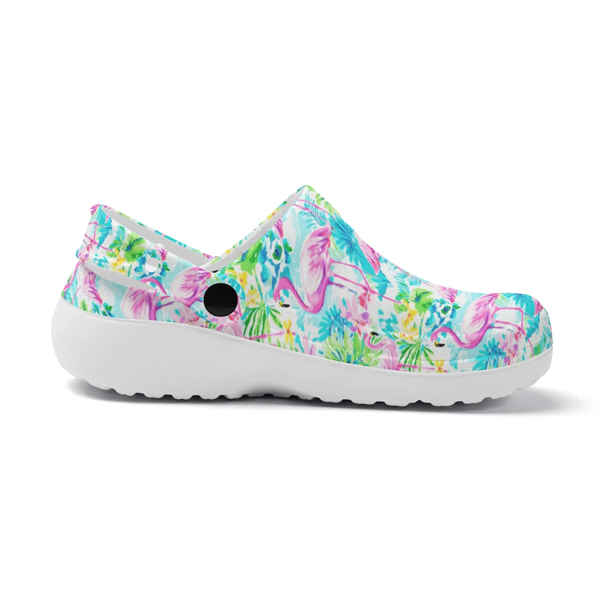 Tropical Flamingo Haven: Surrounded by Flowers and Palm Trees Casual Lightweight Slip On Nurse Style Clogs