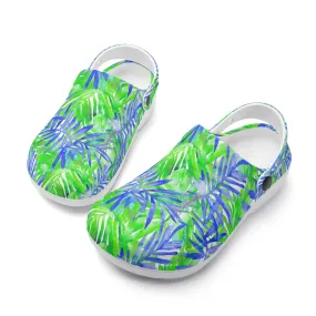 Tropical Harmony Blue and Green Palm Tree Leaves Casual Lightweight Slip On Nurse Style Clogs
