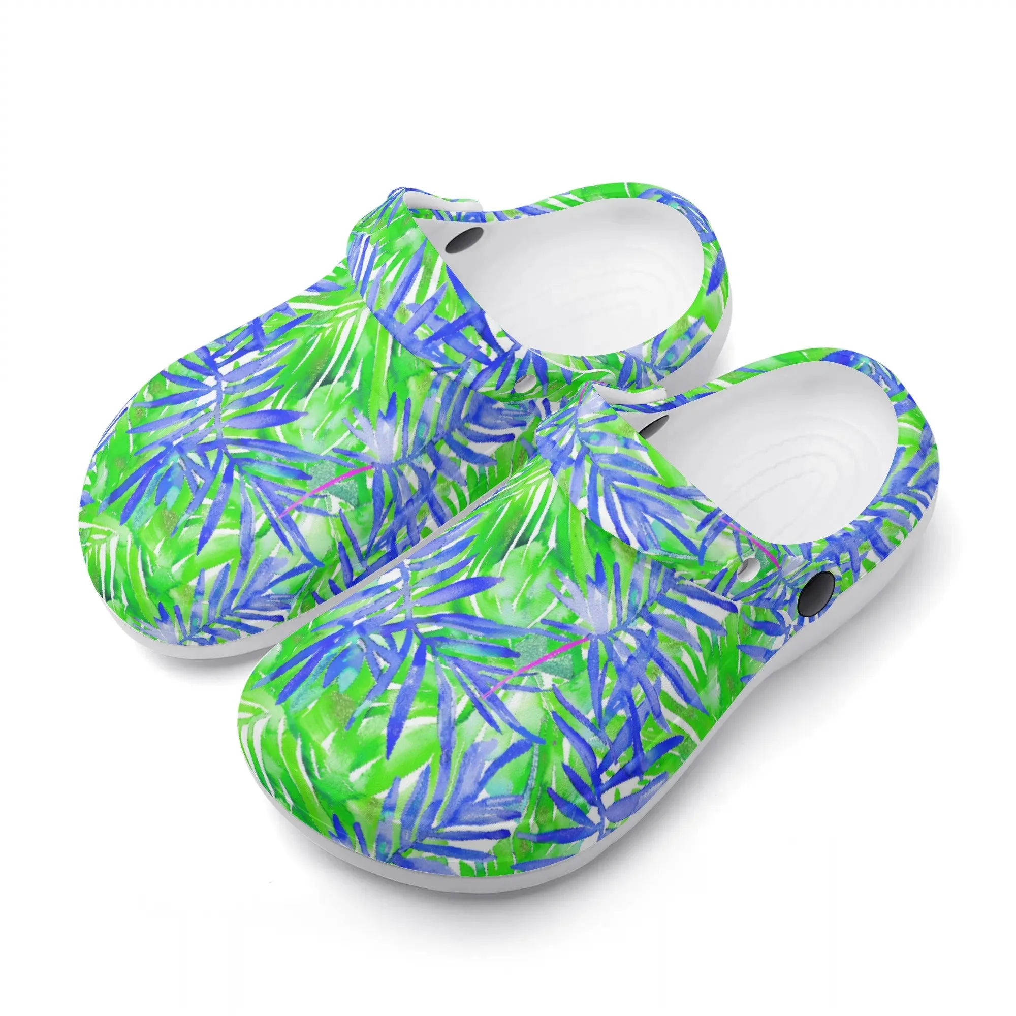 Tropical Harmony Blue and Green Palm Tree Leaves Casual Lightweight Slip On Nurse Style Clogs