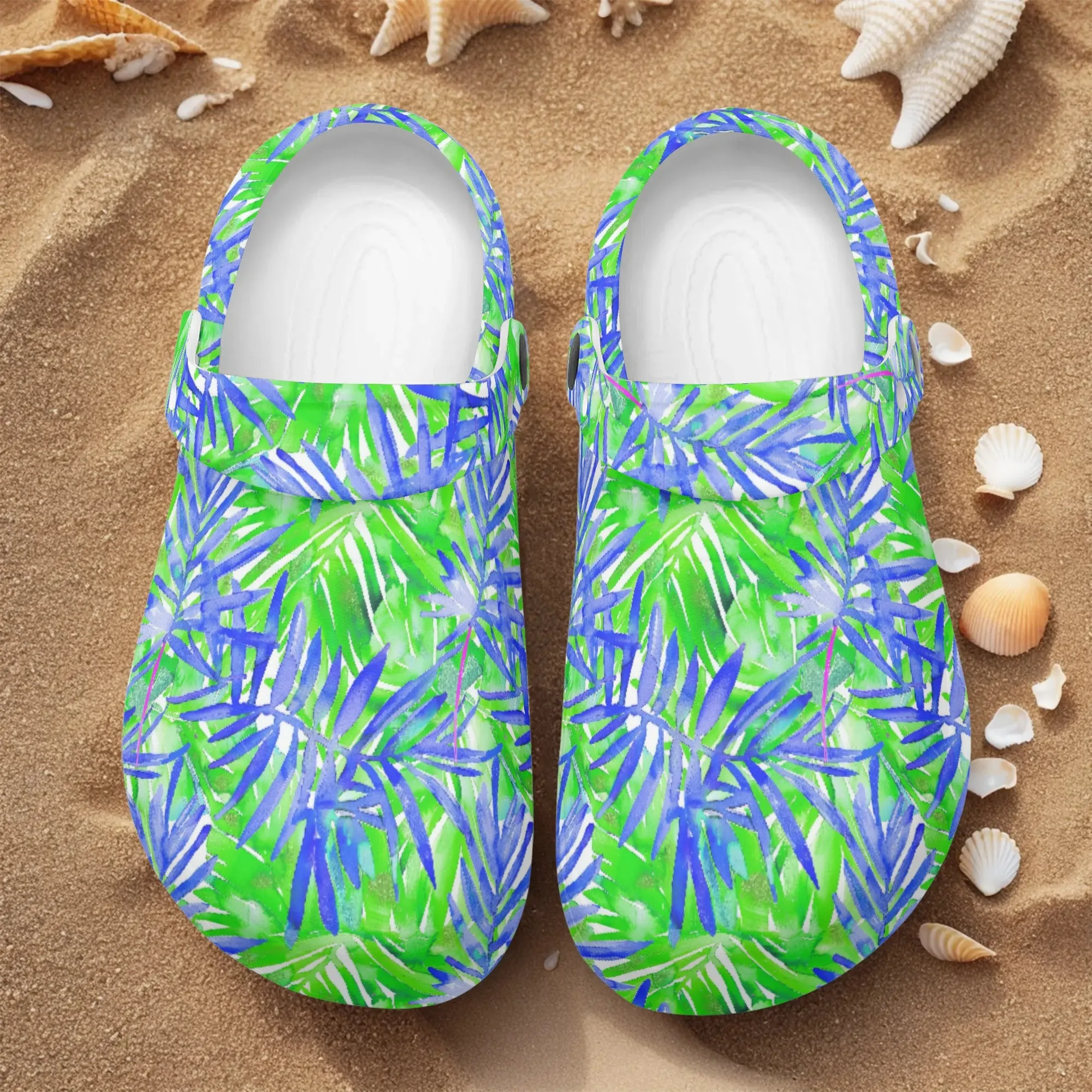 Tropical Harmony Blue and Green Palm Tree Leaves Casual Lightweight Slip On Nurse Style Clogs