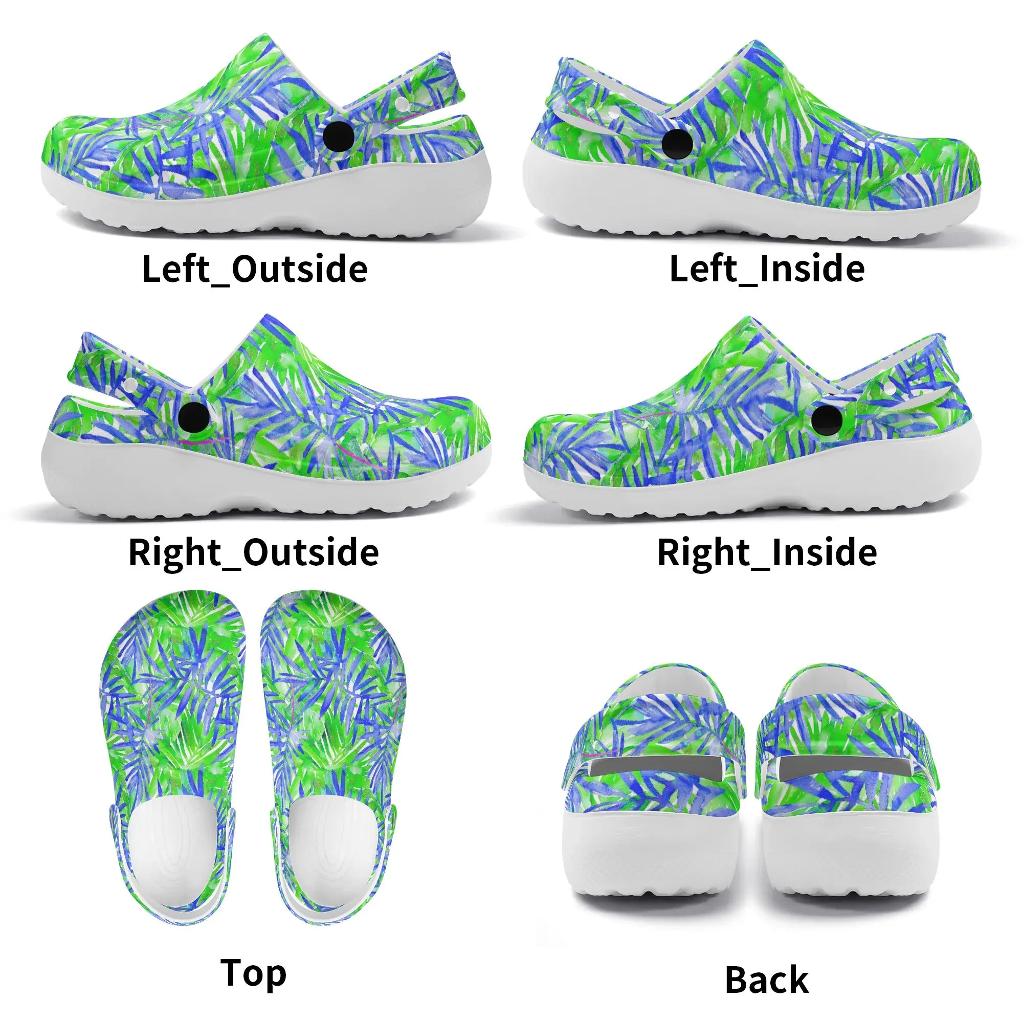 Tropical Harmony Blue and Green Palm Tree Leaves Casual Lightweight Slip On Nurse Style Clogs
