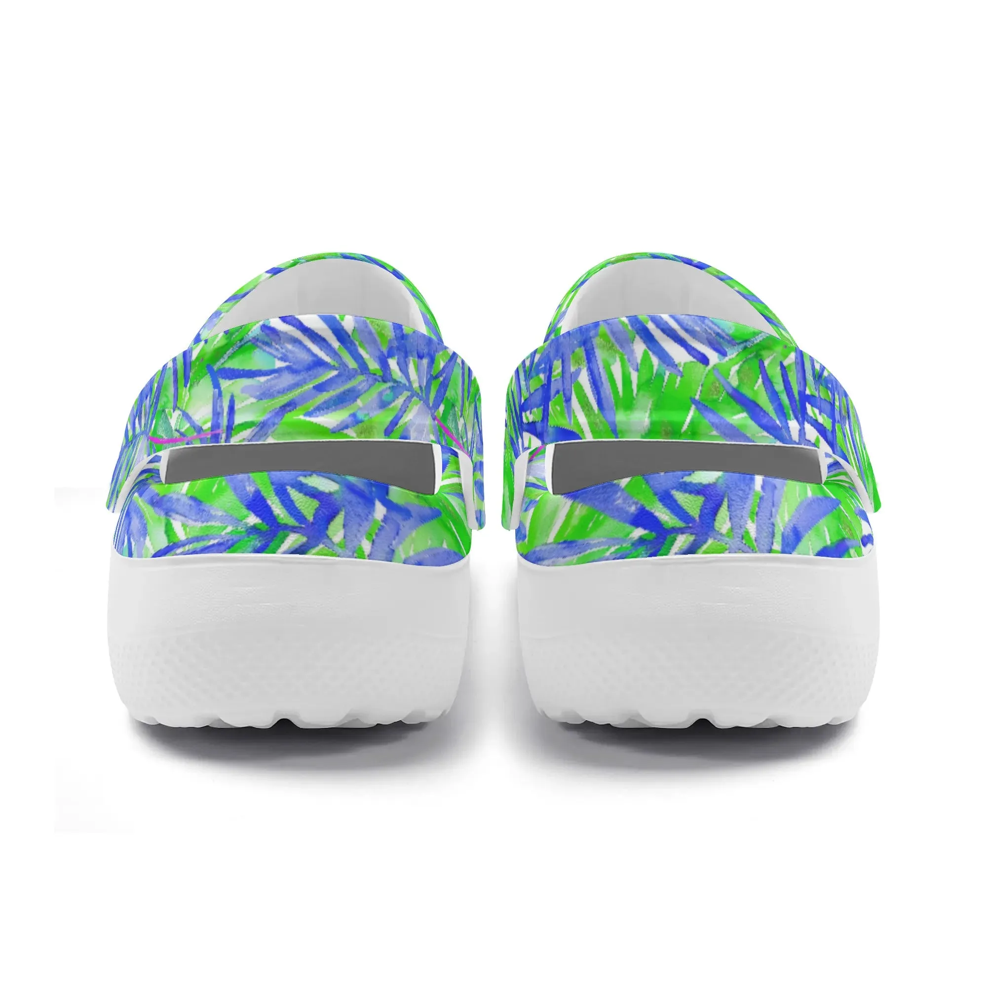 Tropical Harmony Blue and Green Palm Tree Leaves Casual Lightweight Slip On Nurse Style Clogs