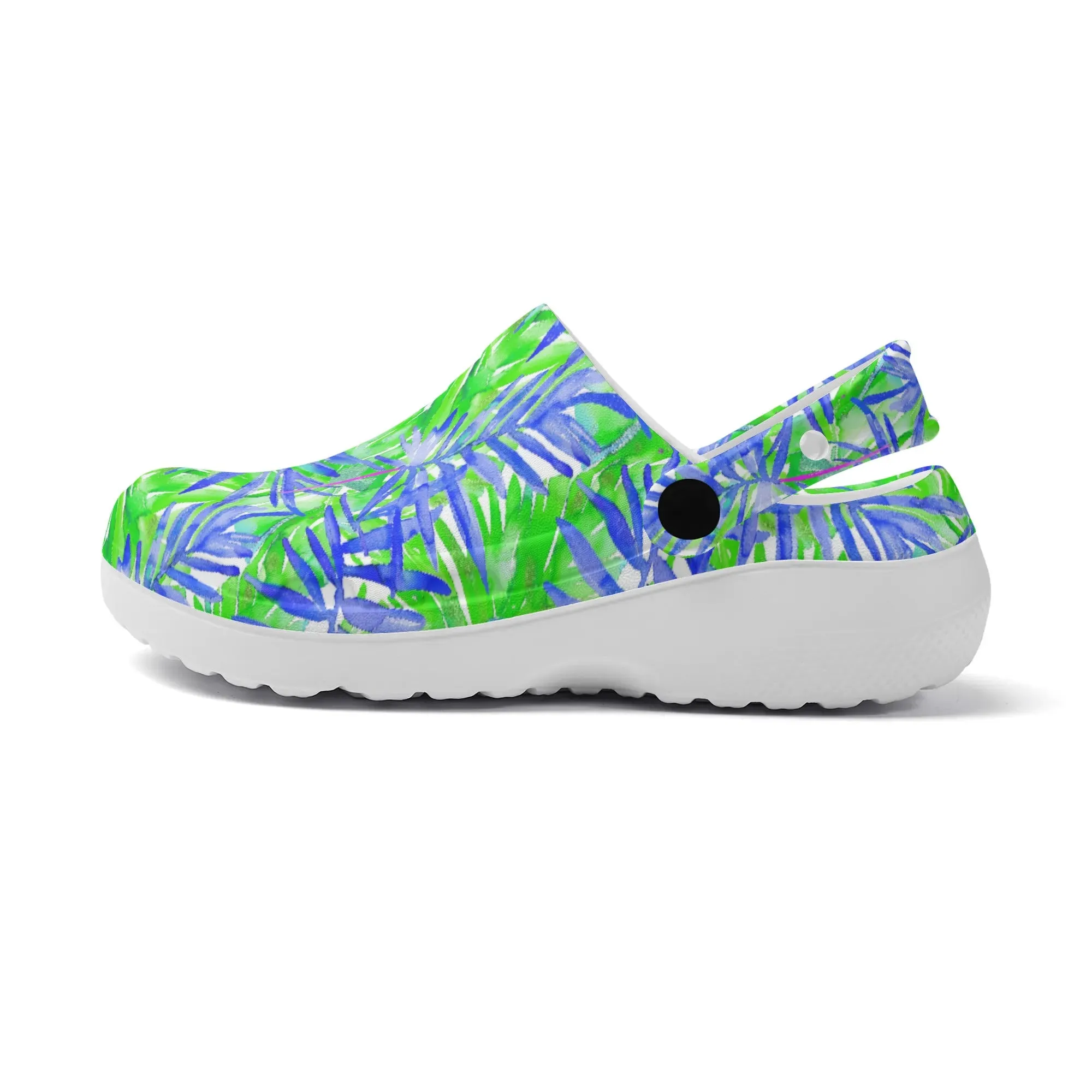 Tropical Harmony Blue and Green Palm Tree Leaves Casual Lightweight Slip On Nurse Style Clogs