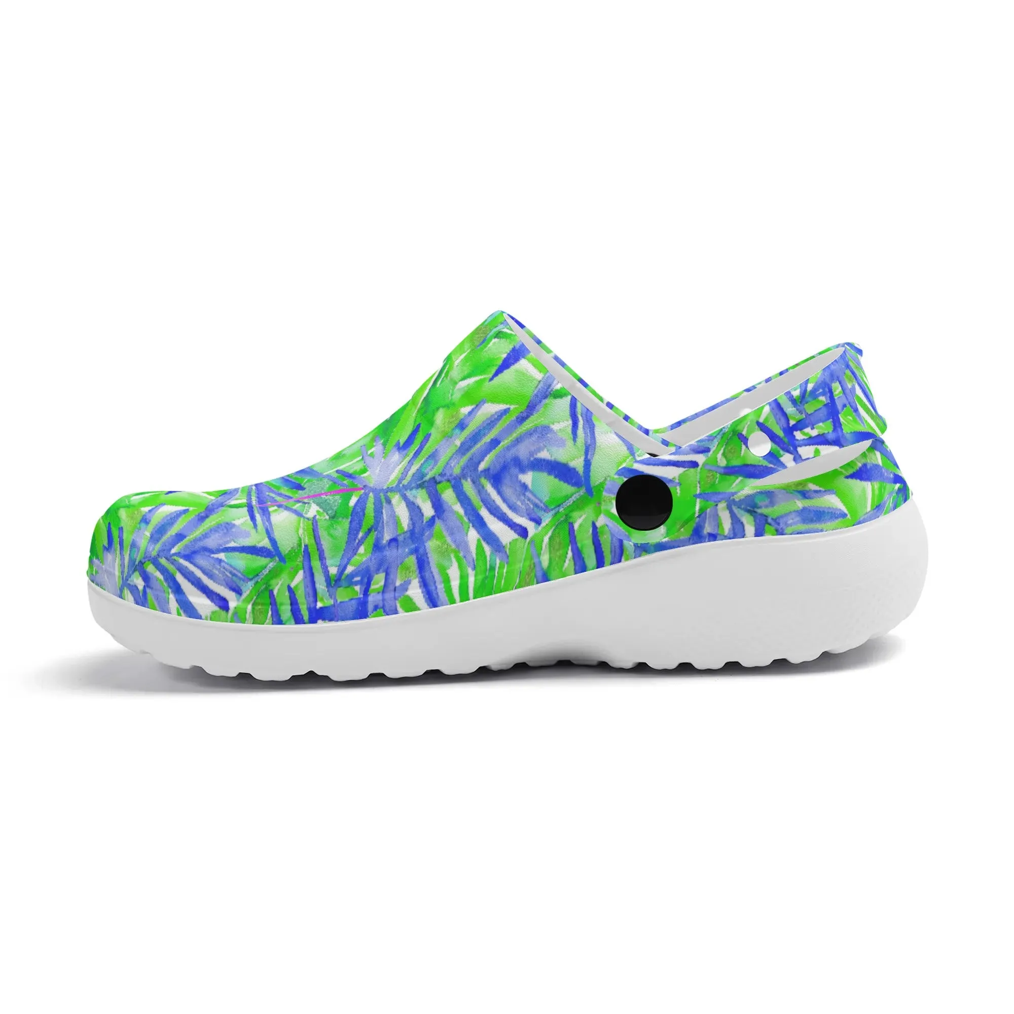 Tropical Harmony Blue and Green Palm Tree Leaves Casual Lightweight Slip On Nurse Style Clogs