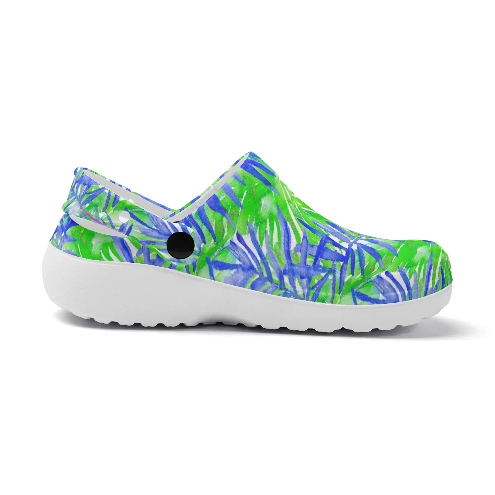 Tropical Harmony Blue and Green Palm Tree Leaves Casual Lightweight Slip On Nurse Style Clogs