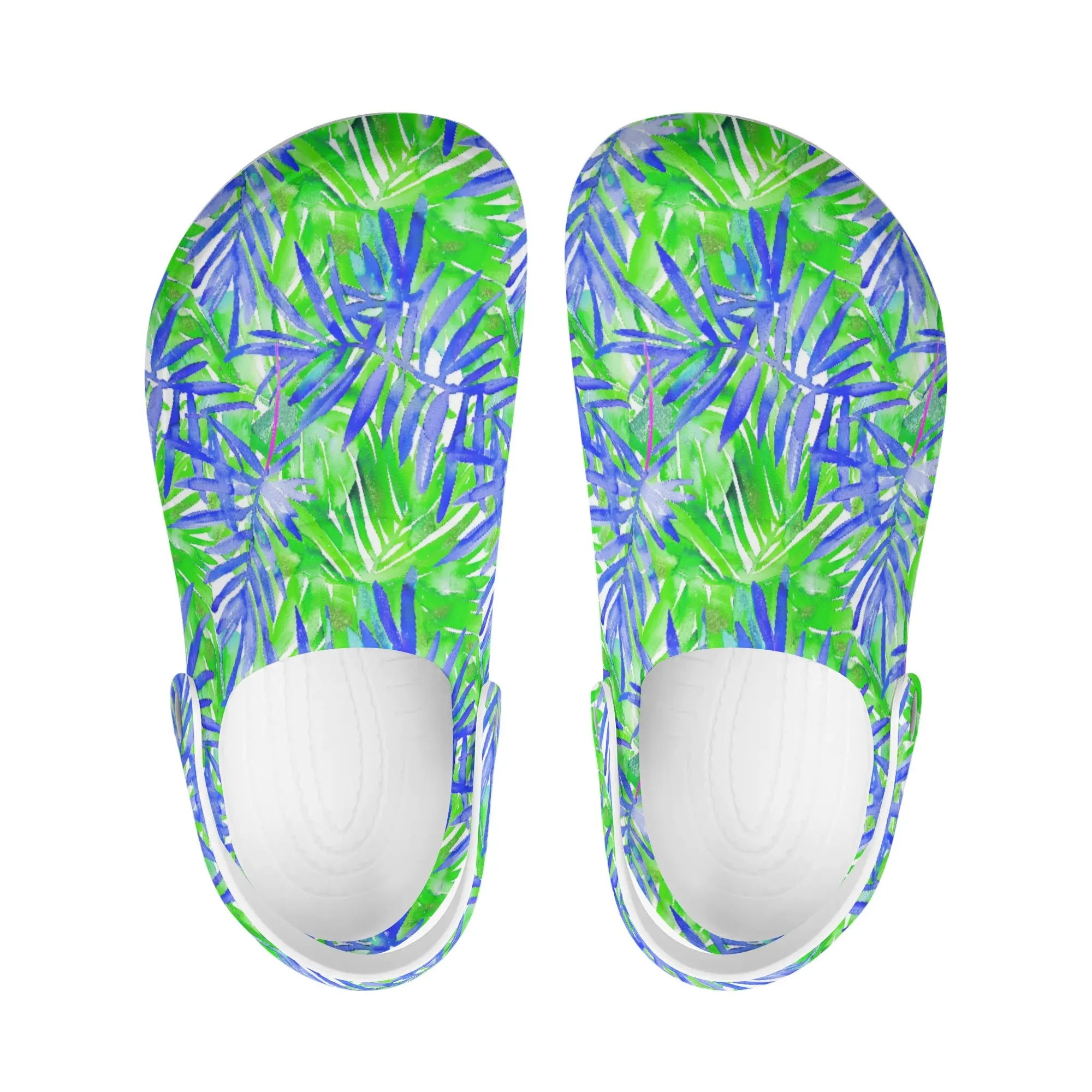 Tropical Harmony Blue and Green Palm Tree Leaves Casual Lightweight Slip On Nurse Style Clogs