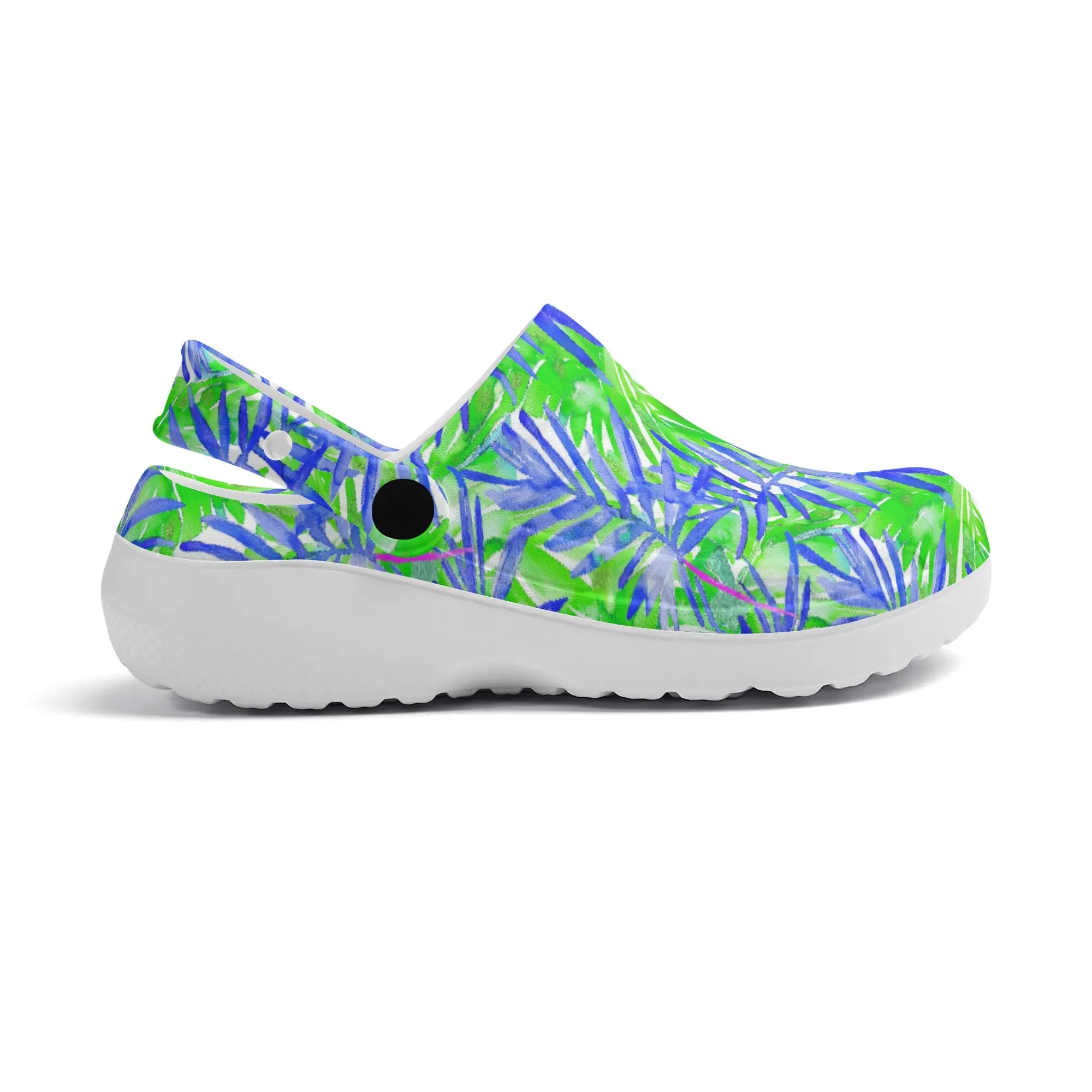 Tropical Harmony Blue and Green Palm Tree Leaves Casual Lightweight Slip On Nurse Style Clogs