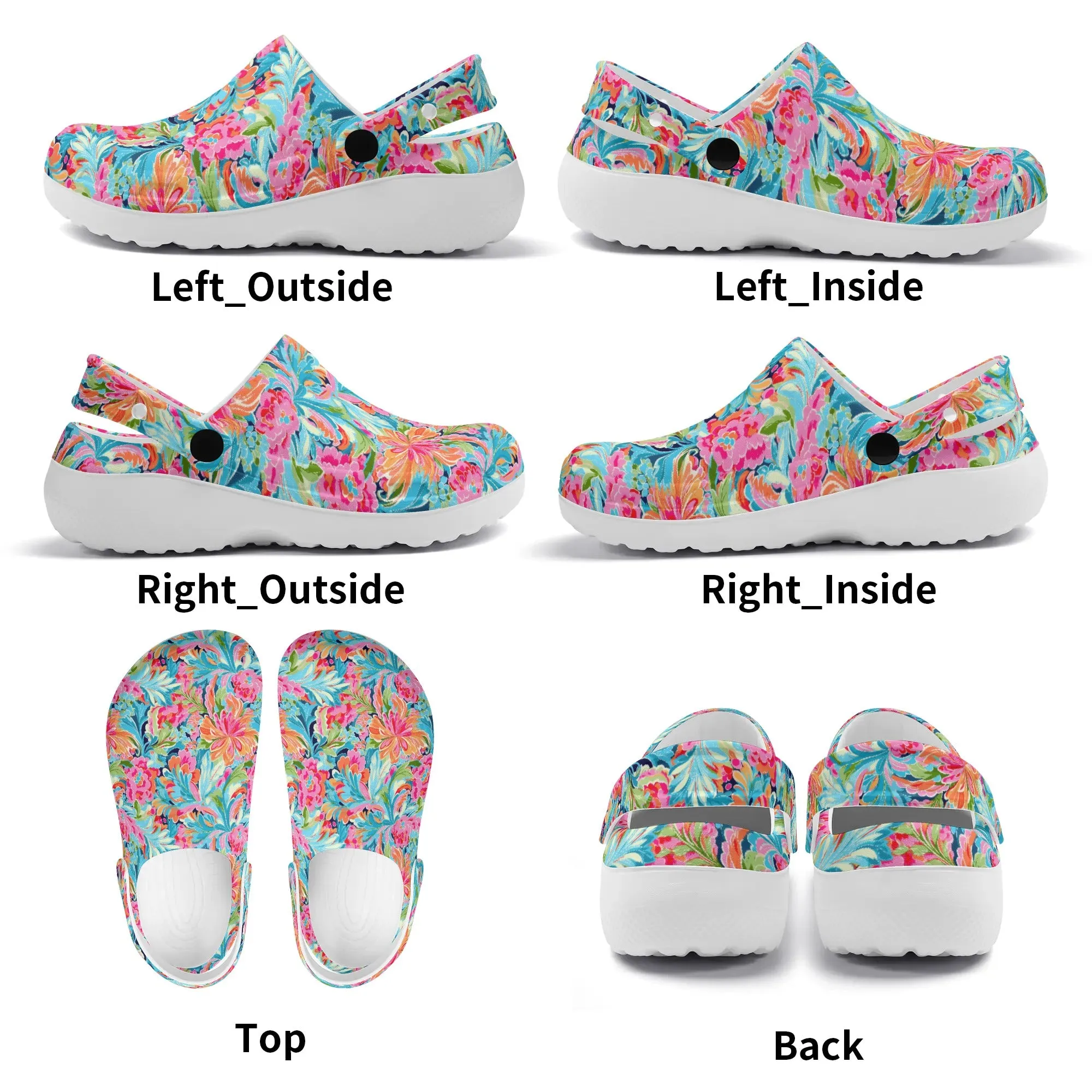 Tropical Radiance: Bursting Summer Blooms in Teal, Orange, and Pink Casual Lightweight Slip On Nurse Style Clogs