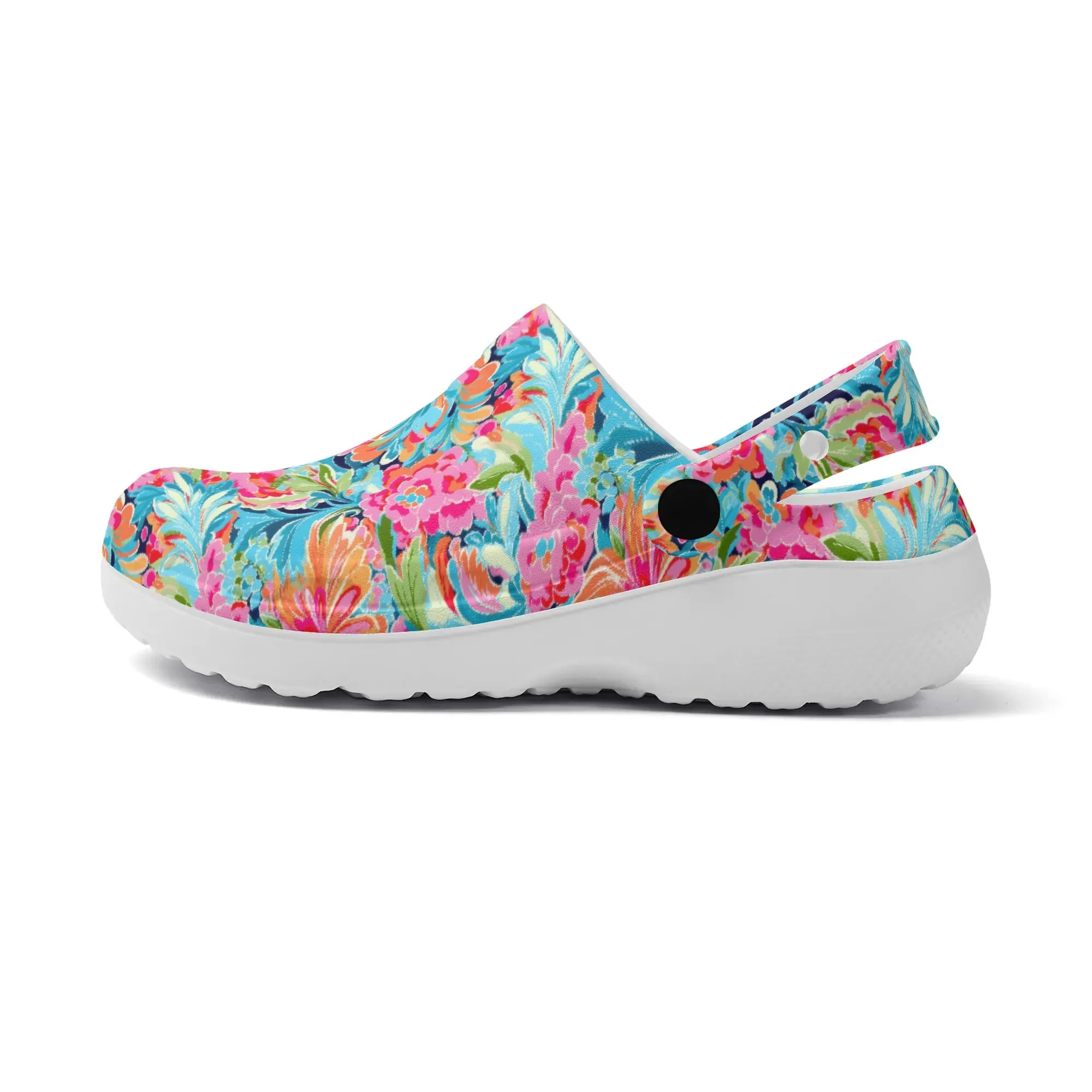 Tropical Radiance: Bursting Summer Blooms in Teal, Orange, and Pink Casual Lightweight Slip On Nurse Style Clogs