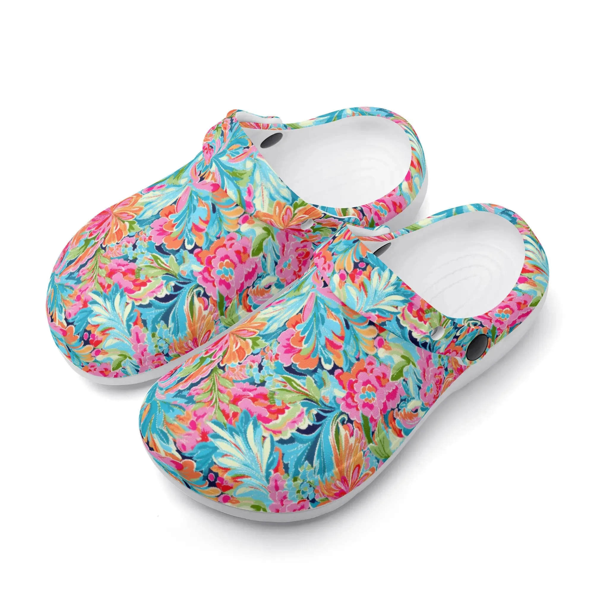 Tropical Radiance: Bursting Summer Blooms in Teal, Orange, and Pink Casual Lightweight Slip On Nurse Style Clogs
