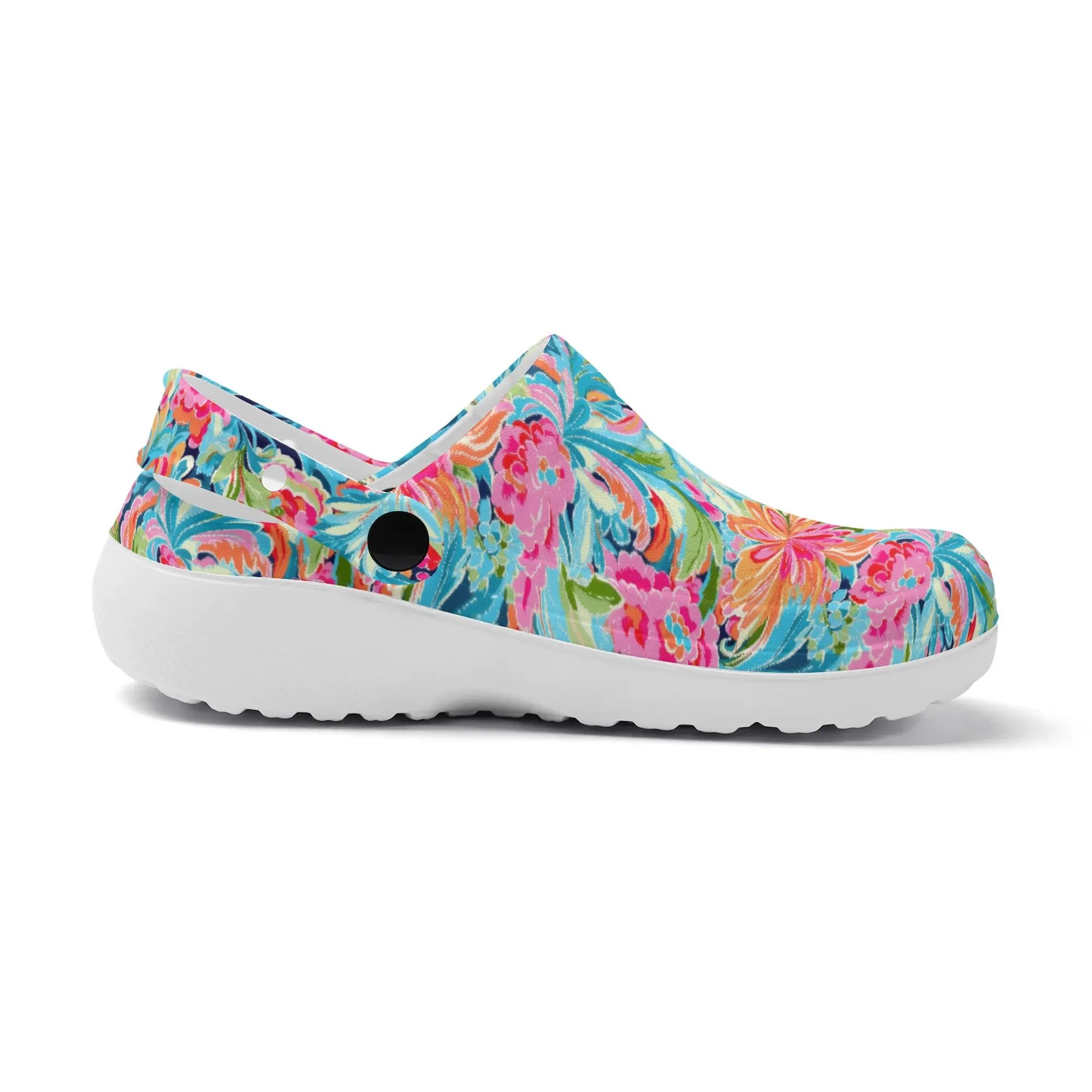 Tropical Radiance: Bursting Summer Blooms in Teal, Orange, and Pink Casual Lightweight Slip On Nurse Style Clogs