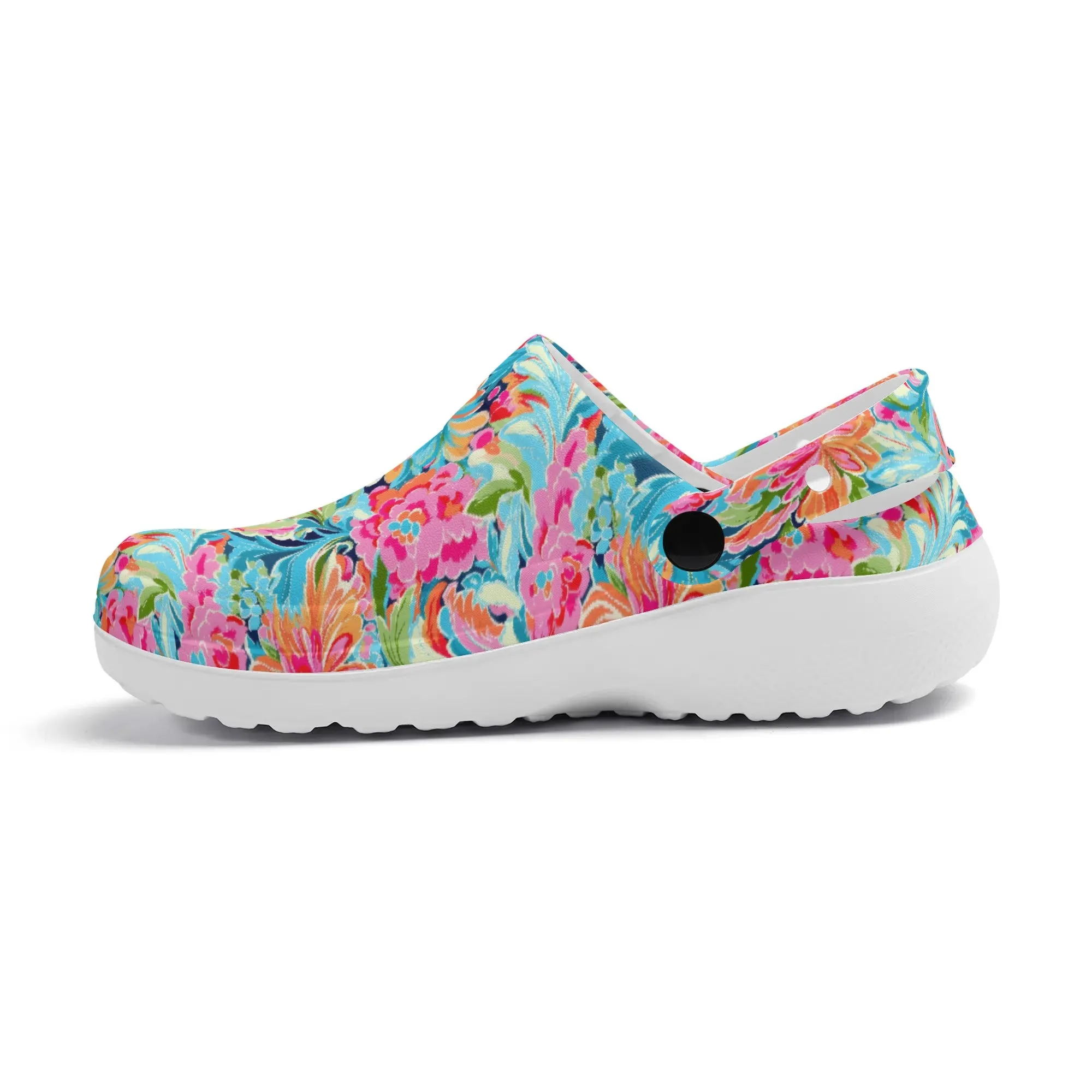 Tropical Radiance: Bursting Summer Blooms in Teal, Orange, and Pink Casual Lightweight Slip On Nurse Style Clogs