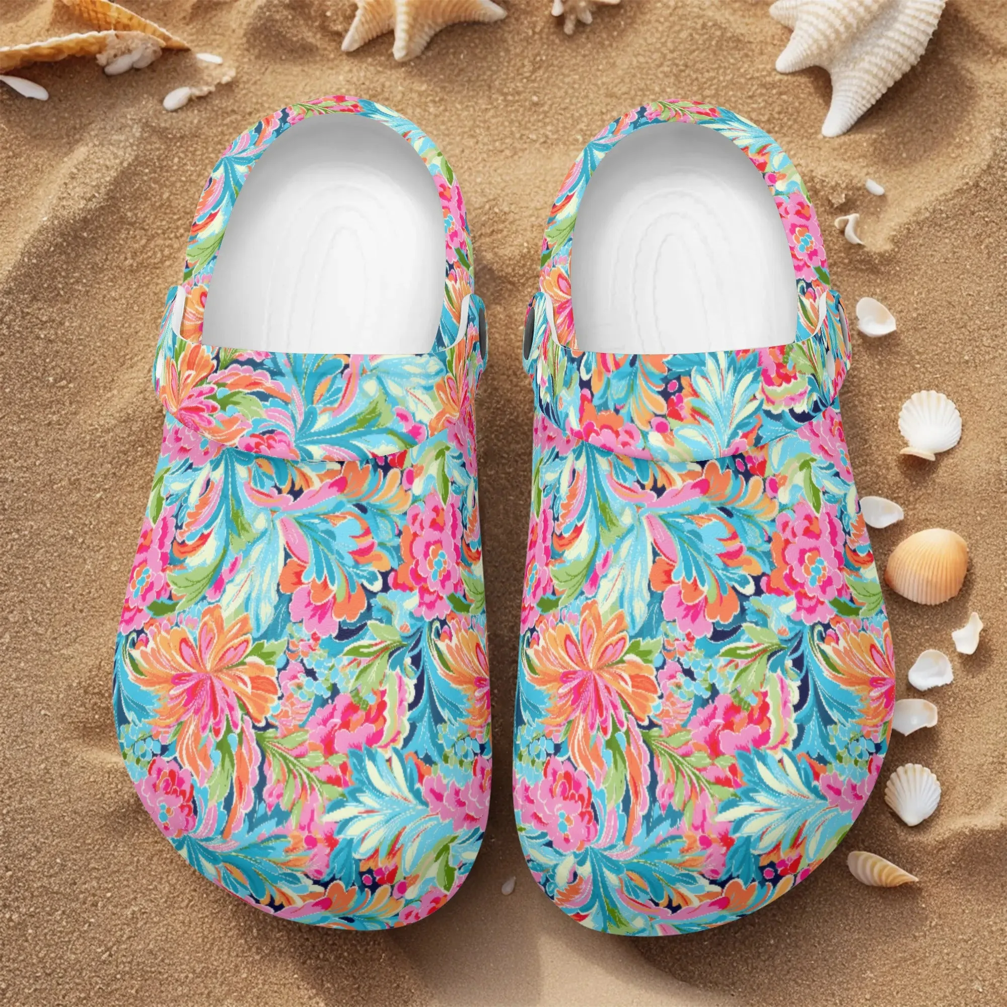 Tropical Radiance: Bursting Summer Blooms in Teal, Orange, and Pink Casual Lightweight Slip On Nurse Style Clogs