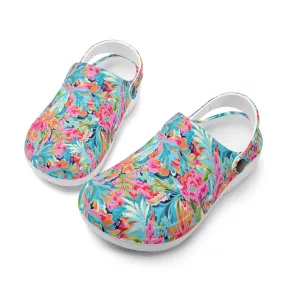 Tropical Radiance: Bursting Summer Blooms in Teal, Orange, and Pink Casual Lightweight Slip On Nurse Style Clogs
