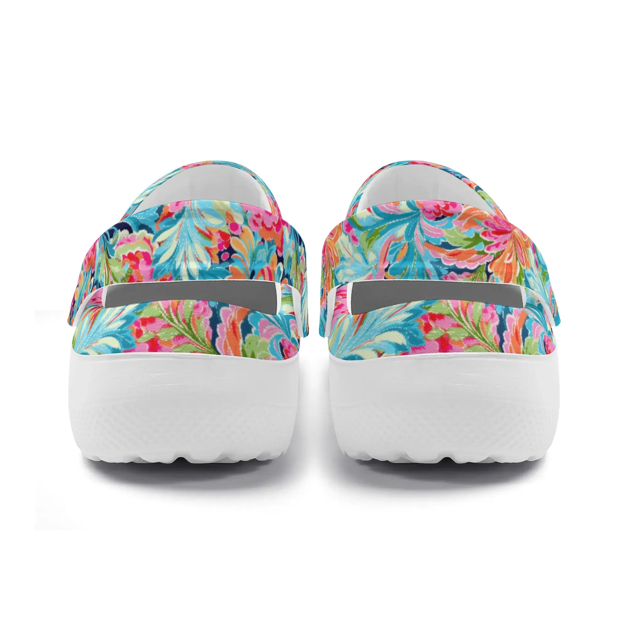 Tropical Radiance: Bursting Summer Blooms in Teal, Orange, and Pink Casual Lightweight Slip On Nurse Style Clogs