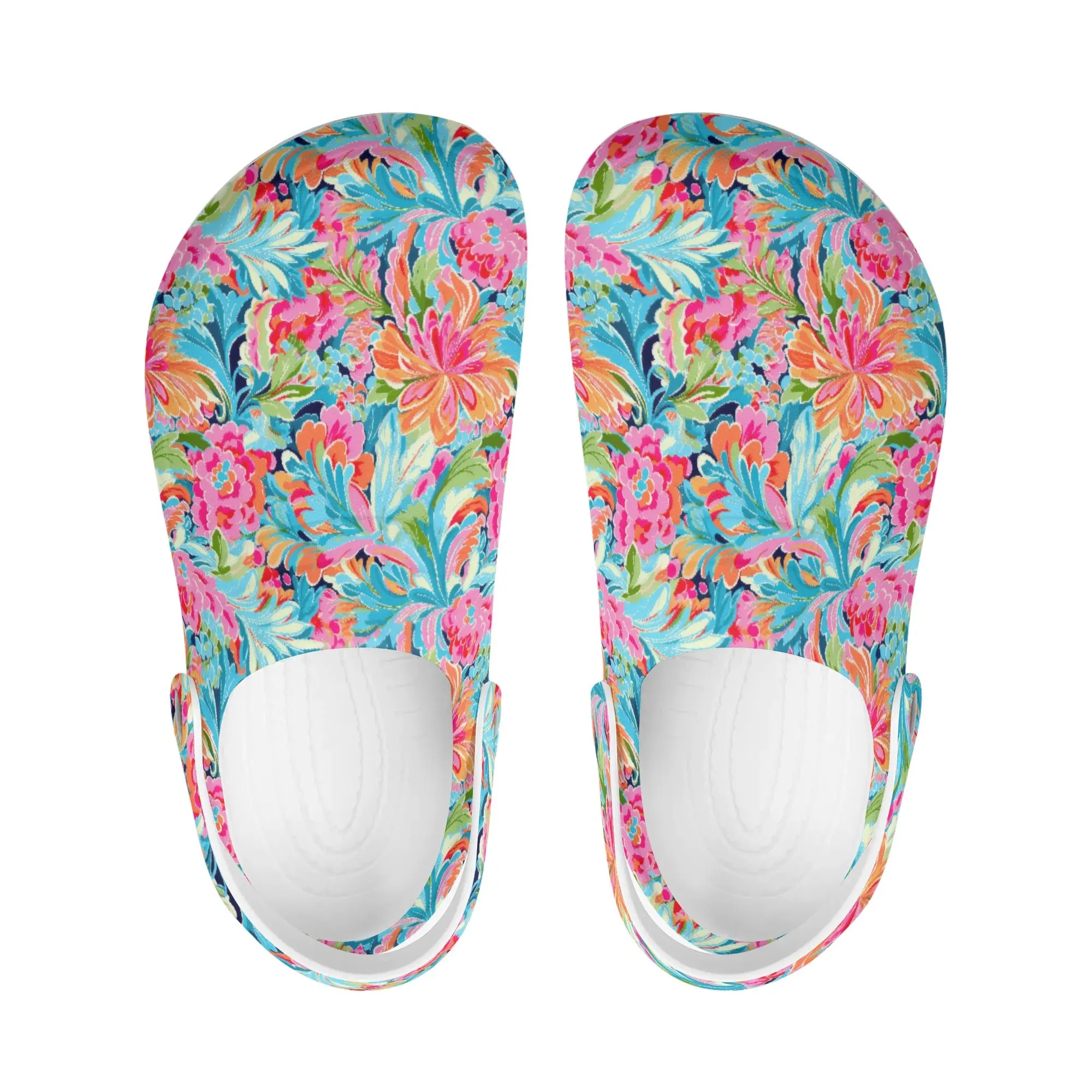 Tropical Radiance: Bursting Summer Blooms in Teal, Orange, and Pink Casual Lightweight Slip On Nurse Style Clogs