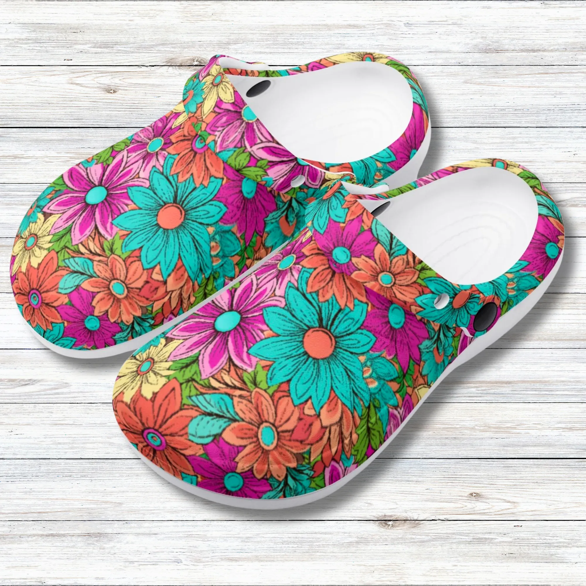 Vibrant Retro Daisy Design Casual Lightweight Slip On Nurse Style Clogs