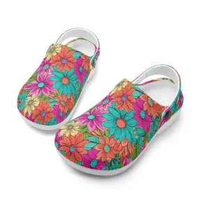Vibrant Retro Daisy Design Casual Lightweight Slip On Nurse Style Clogs