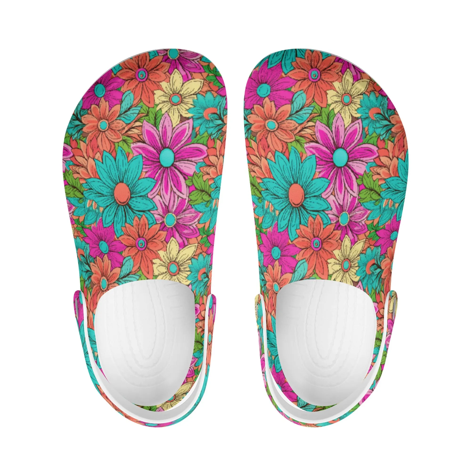 Vibrant Retro Daisy Design Casual Lightweight Slip On Nurse Style Clogs