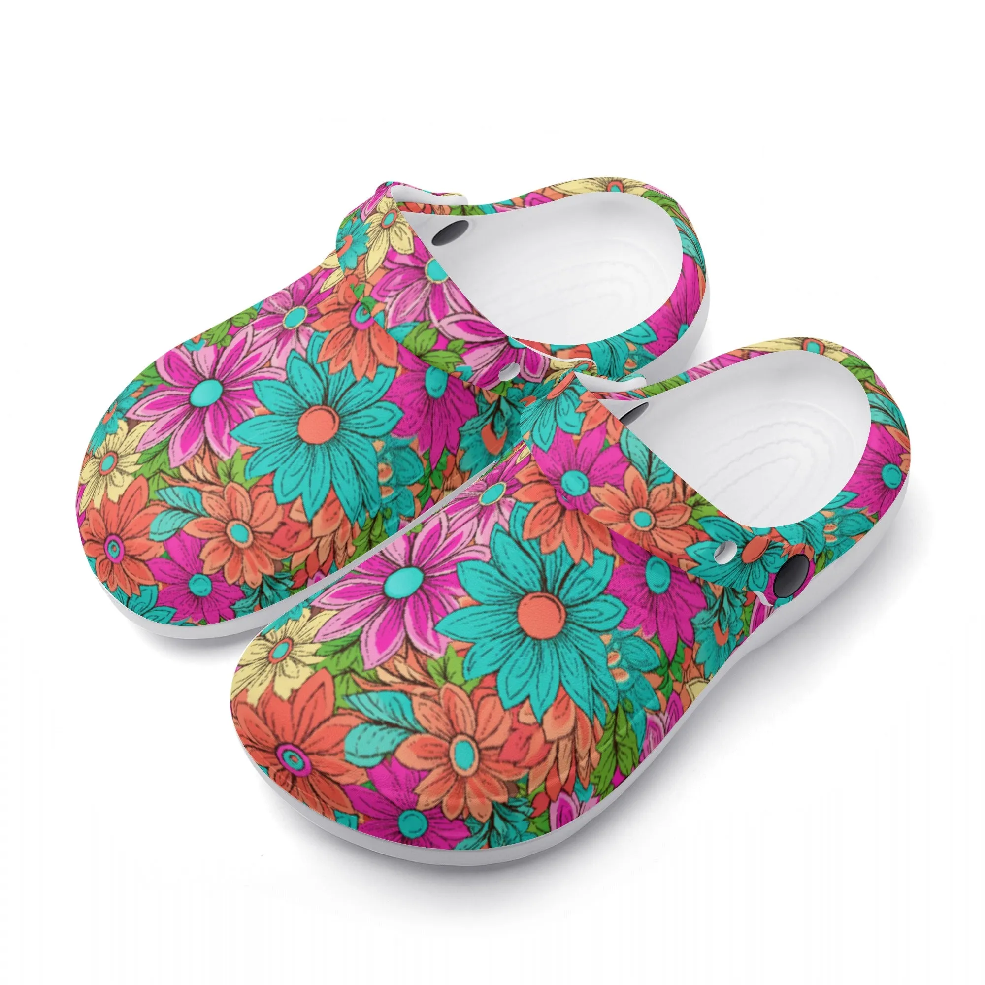 Vibrant Retro Daisy Design Casual Lightweight Slip On Nurse Style Clogs