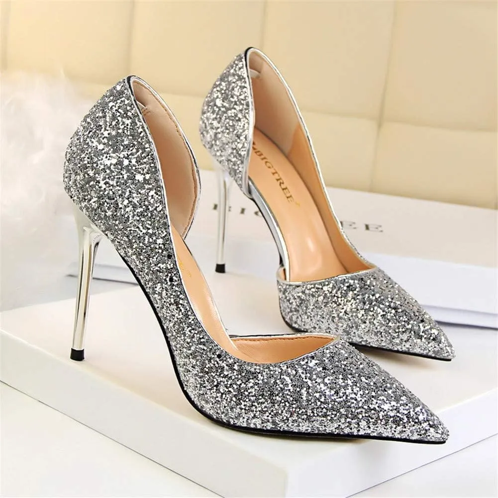 Women's Stiletto High Heel Shoes Pointed Toe Stiletto Heels Summer Wedding Dressy Pumps Elegant Sequin Slip On Party Pumps Sexy Heels
