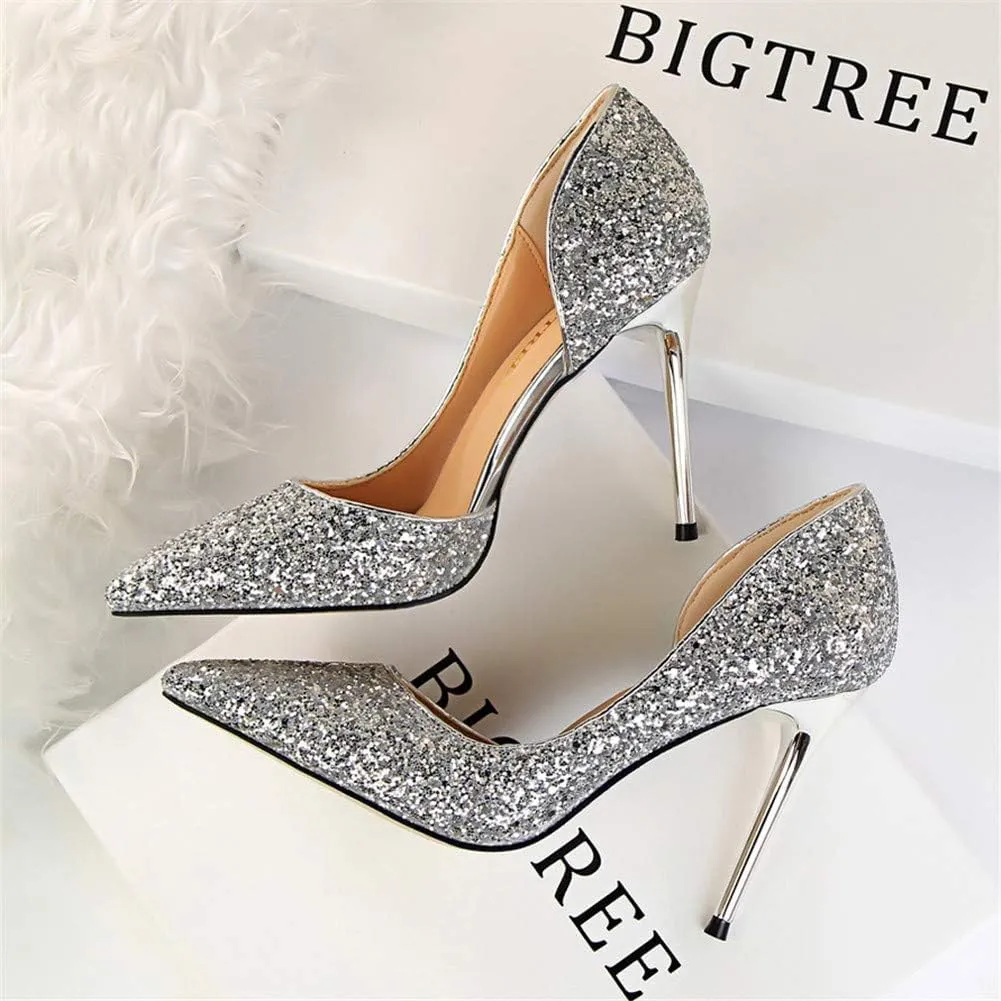 Women's Stiletto High Heel Shoes Pointed Toe Stiletto Heels Summer Wedding Dressy Pumps Elegant Sequin Slip On Party Pumps Sexy Heels