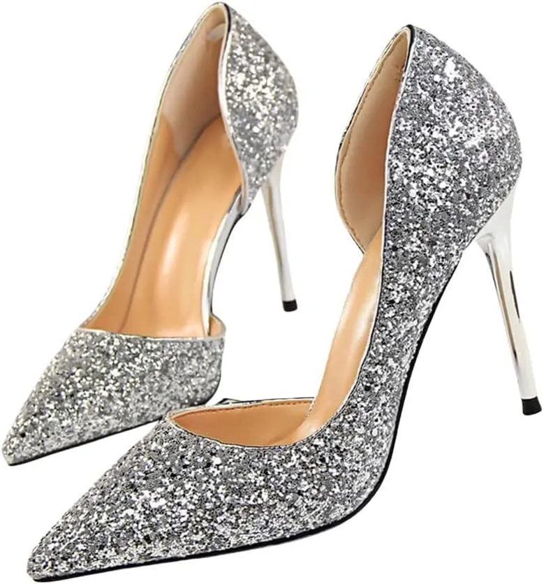 Women's Stiletto High Heel Shoes Pointed Toe Stiletto Heels Summer Wedding Dressy Pumps Elegant Sequin Slip On Party Pumps Sexy Heels