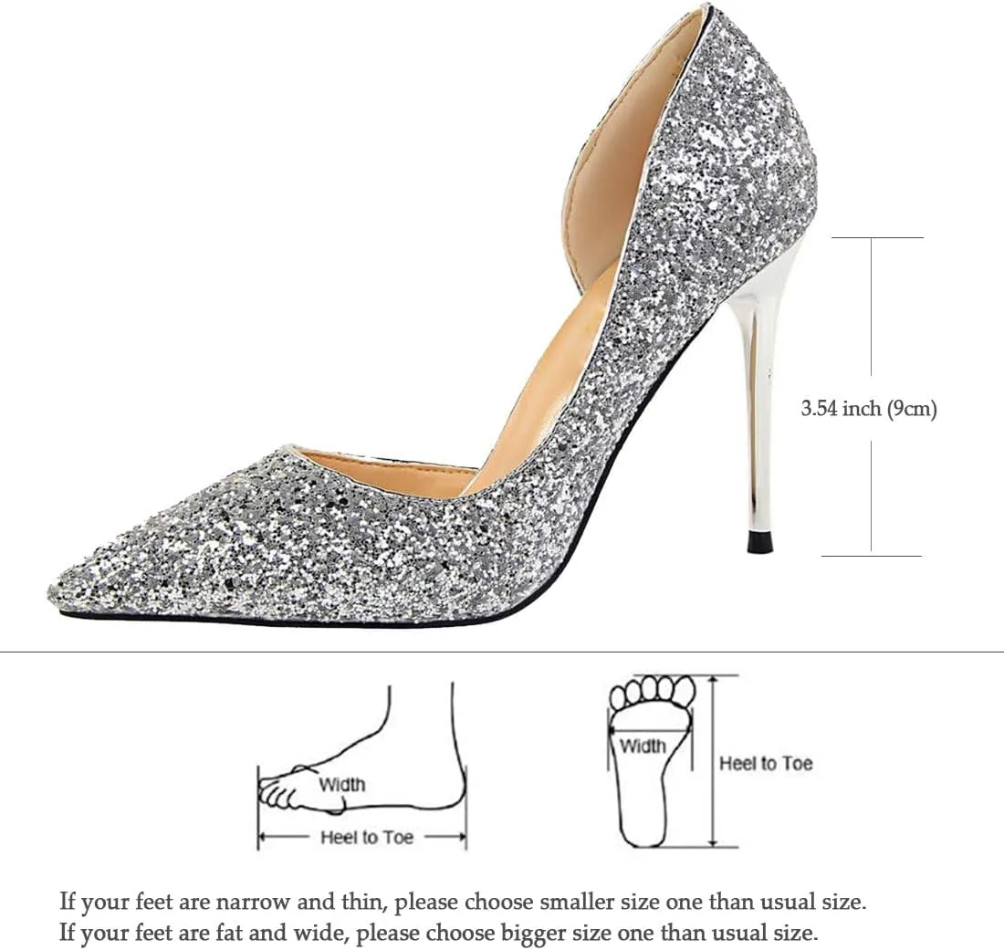 Women's Stiletto High Heel Shoes Pointed Toe Stiletto Heels Summer Wedding Dressy Pumps Elegant Sequin Slip On Party Pumps Sexy Heels