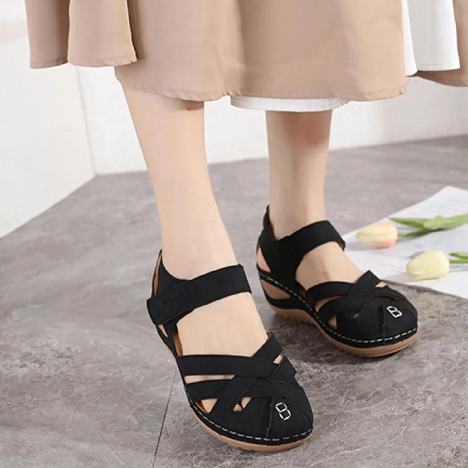 Women's Wedge Sandals Summer Comfortable Gladiator Sandals for Women Closed Toe Hollow Out Wedges Soft Cushion Hook and Loop Closure Walking Shoes
