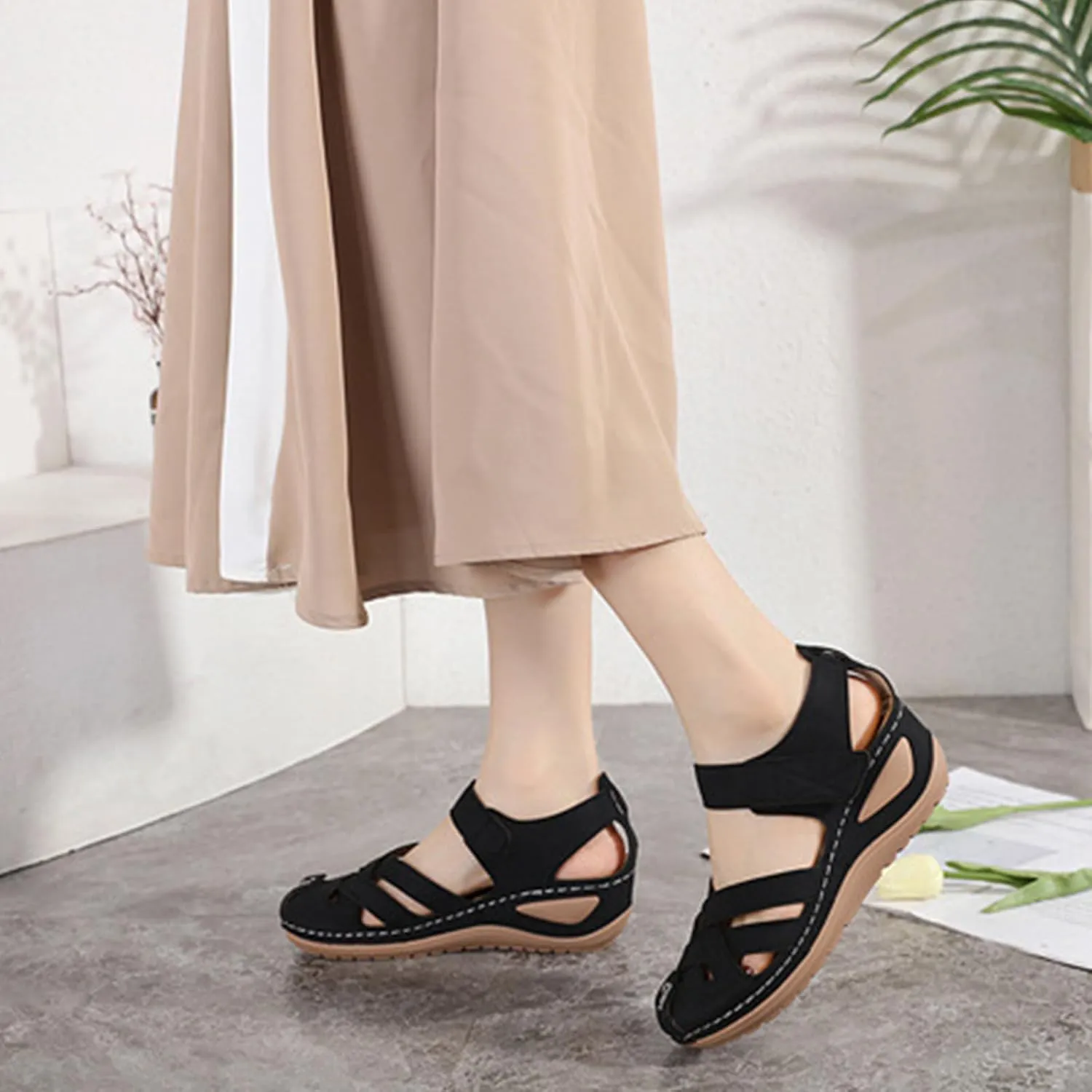 Women's Wedge Sandals Summer Comfortable Gladiator Sandals for Women Closed Toe Hollow Out Wedges Soft Cushion Hook and Loop Closure Walking Shoes