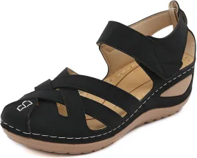 Women's Wedge Sandals Summer Comfortable Gladiator Sandals for Women Closed Toe Hollow Out Wedges Soft Cushion Hook and Loop Closure Walking Shoes