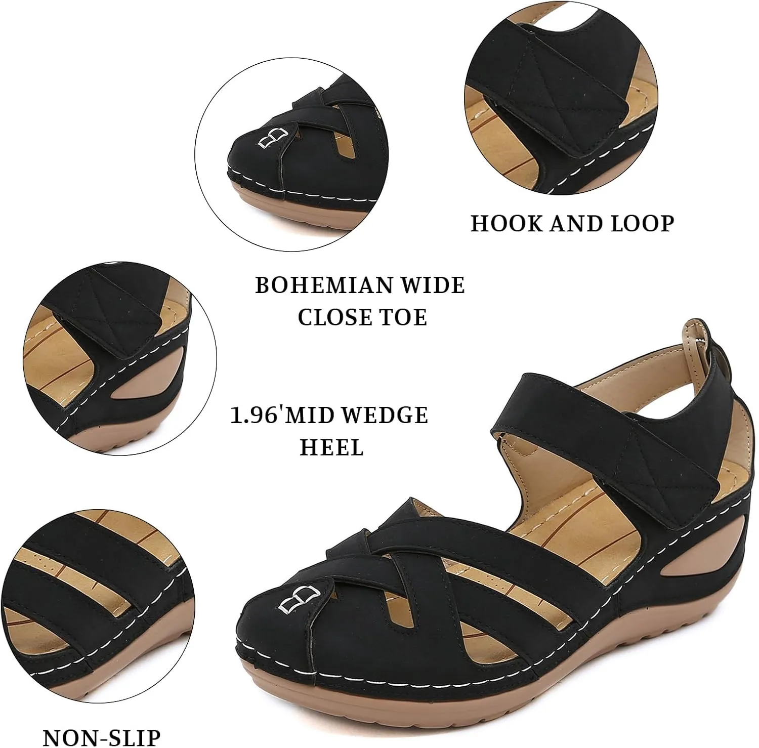 Women's Wedge Sandals Summer Comfortable Gladiator Sandals for Women Closed Toe Hollow Out Wedges Soft Cushion Hook and Loop Closure Walking Shoes
