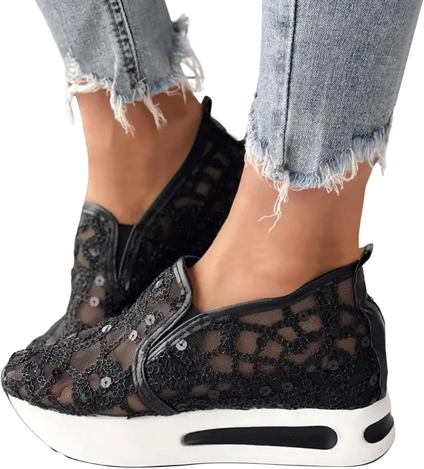 ZWRXW Platform Sneakers for Women Summer Lace Mesh Platform Shoes Chunky Lightweight Comfortable Casual Sneakers Outdoor Walking Fashion Shoes