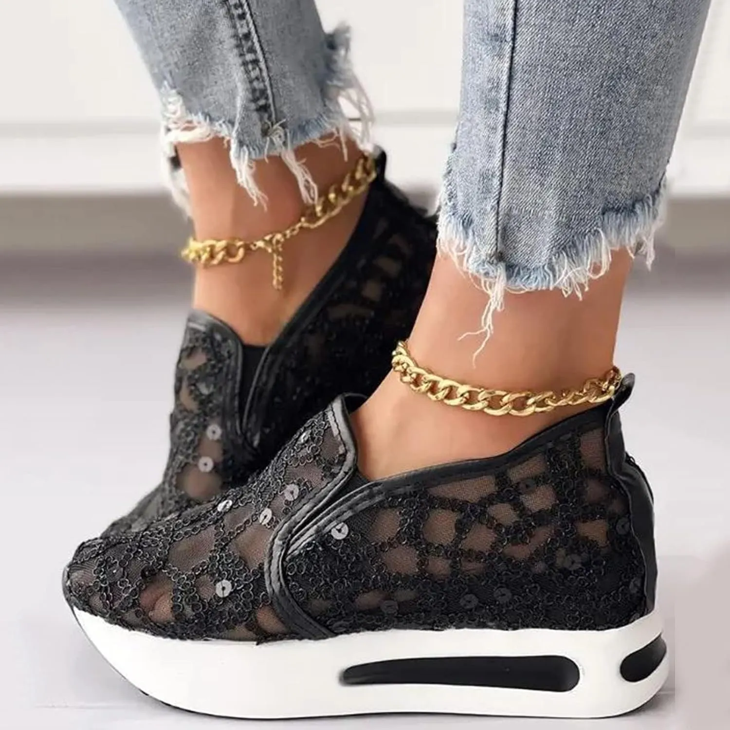 ZWRXW Platform Sneakers for Women Summer Lace Mesh Platform Shoes Chunky Lightweight Comfortable Casual Sneakers Outdoor Walking Fashion Shoes