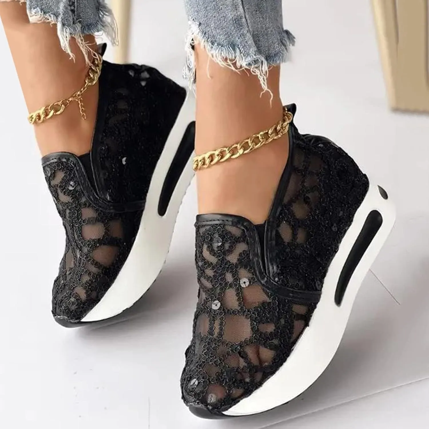 ZWRXW Platform Sneakers for Women Summer Lace Mesh Platform Shoes Chunky Lightweight Comfortable Casual Sneakers Outdoor Walking Fashion Shoes