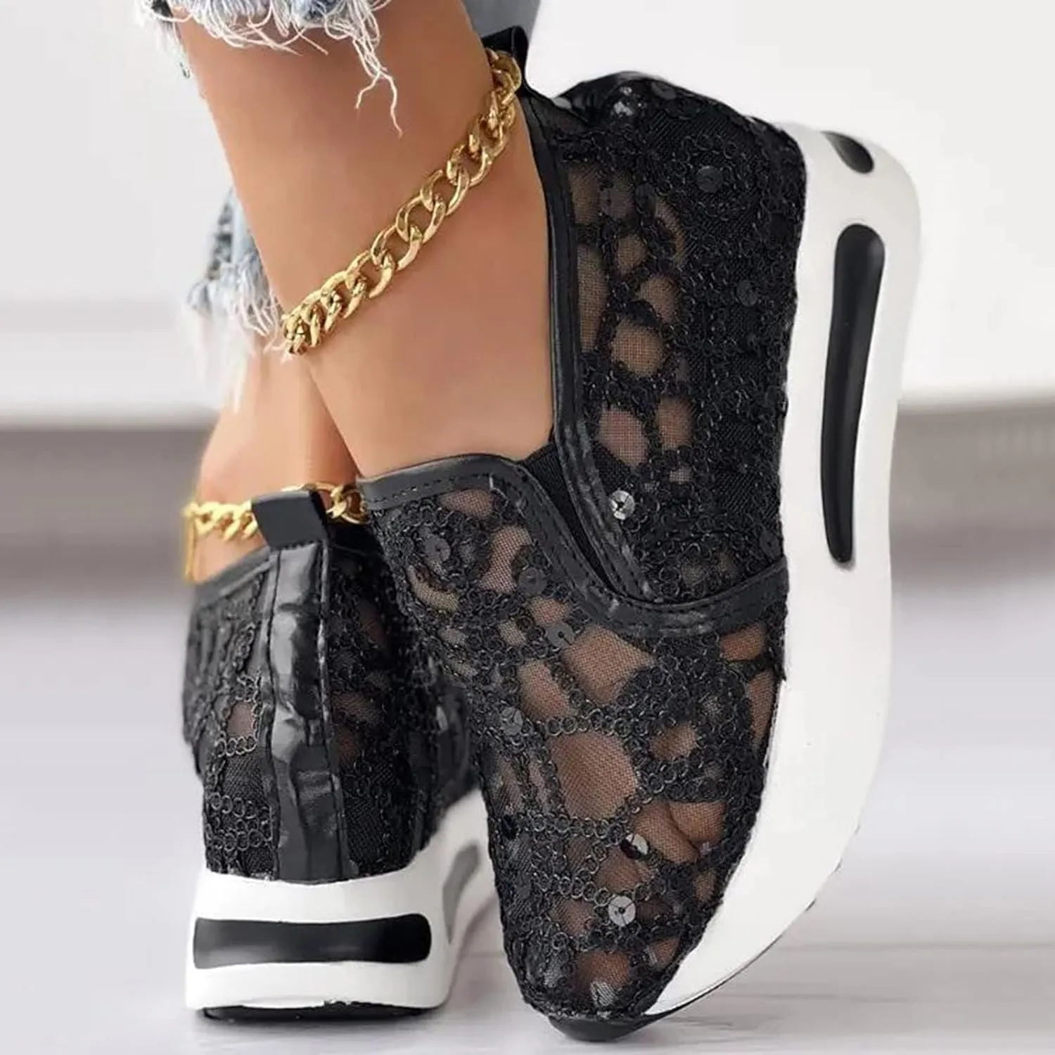ZWRXW Platform Sneakers for Women Summer Lace Mesh Platform Shoes Chunky Lightweight Comfortable Casual Sneakers Outdoor Walking Fashion Shoes
