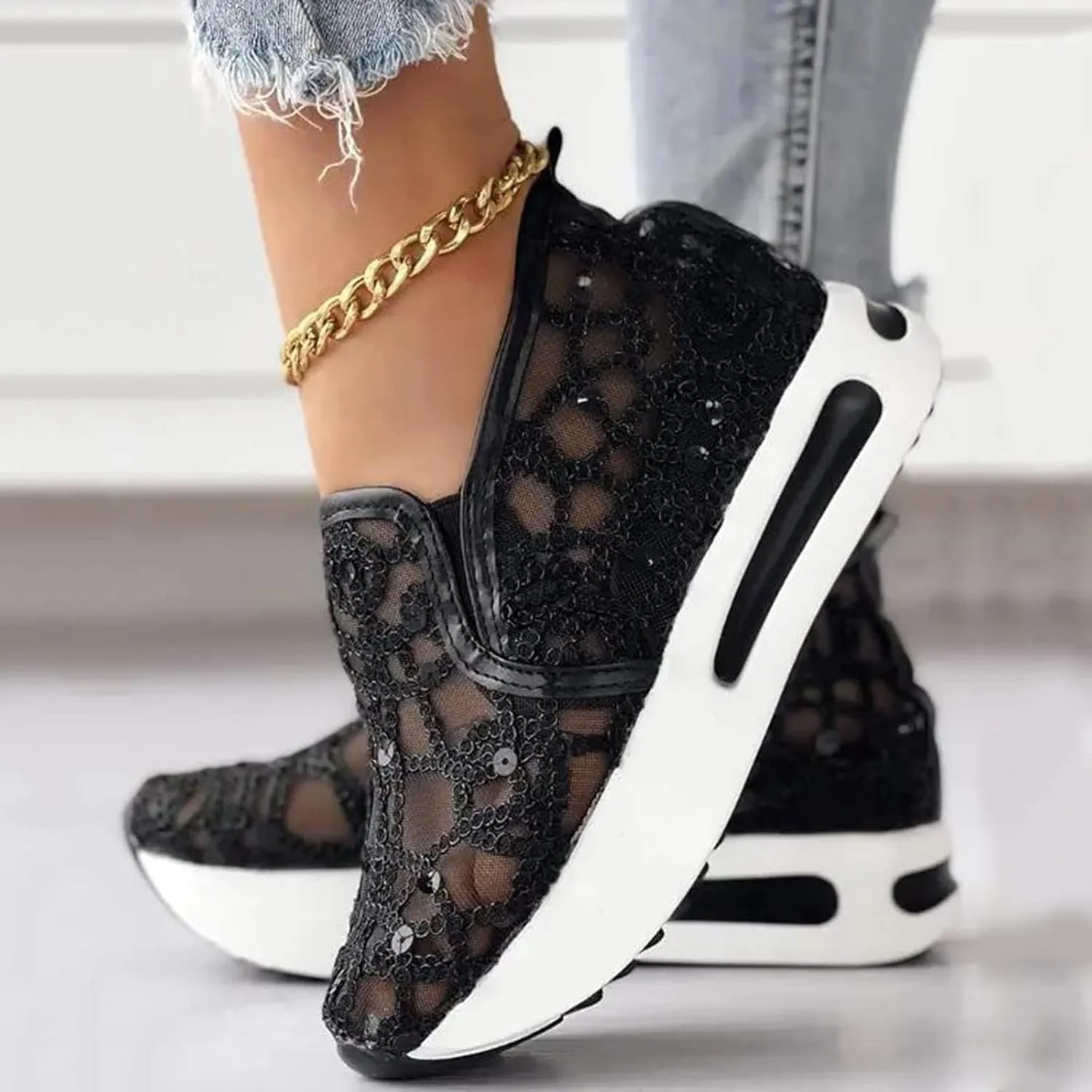 ZWRXW Platform Sneakers for Women Summer Lace Mesh Platform Shoes Chunky Lightweight Comfortable Casual Sneakers Outdoor Walking Fashion Shoes