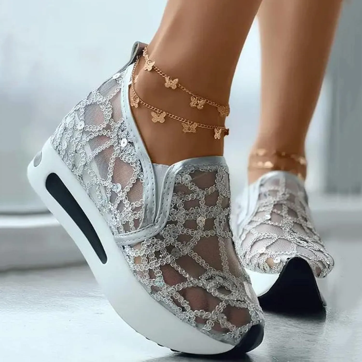 ZWRXW Platform Sneakers for Women Summer Lace Mesh Platform Shoes Chunky Lightweight Comfortable Casual Sneakers Outdoor Walking Fashion Shoes